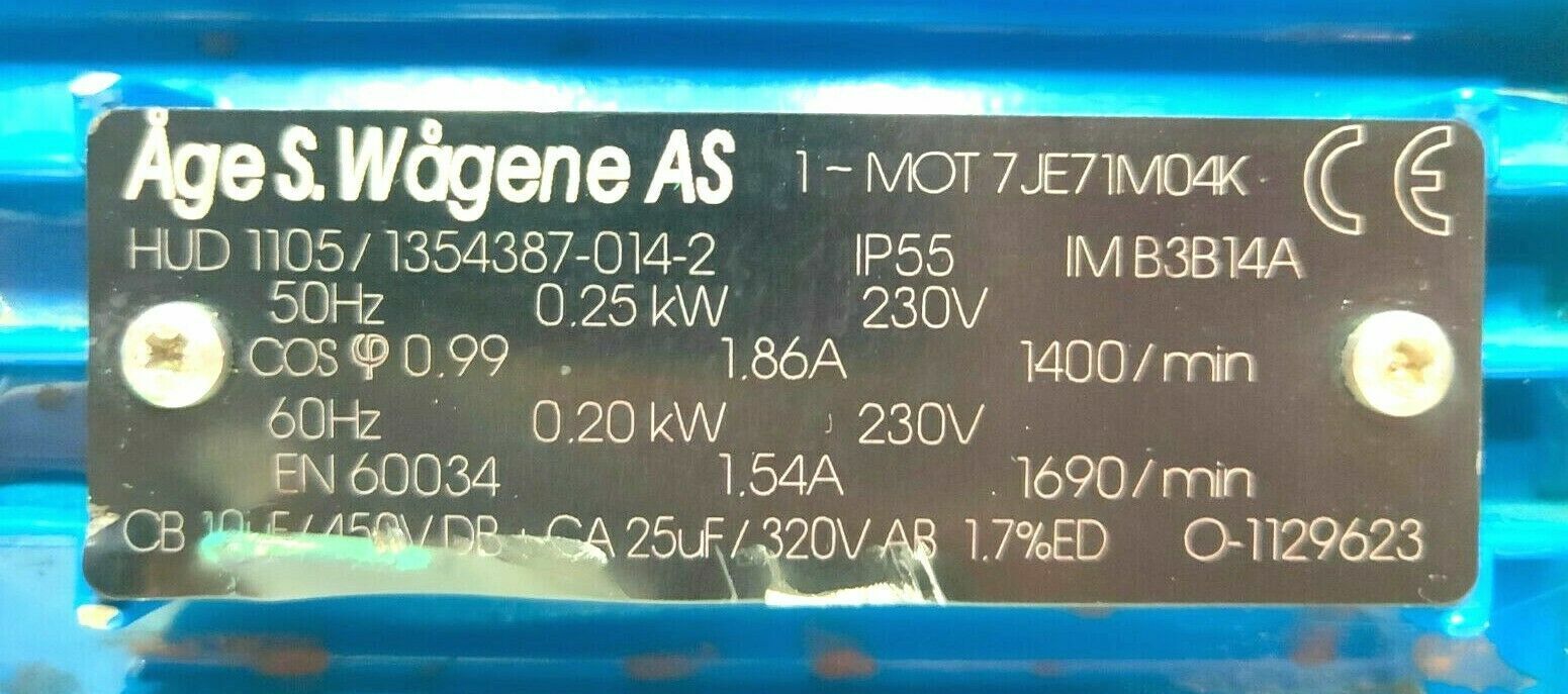 Wagene Purifier Pump with motor 1-MOT7JE71M04K 230V, 0.25kW - NEW