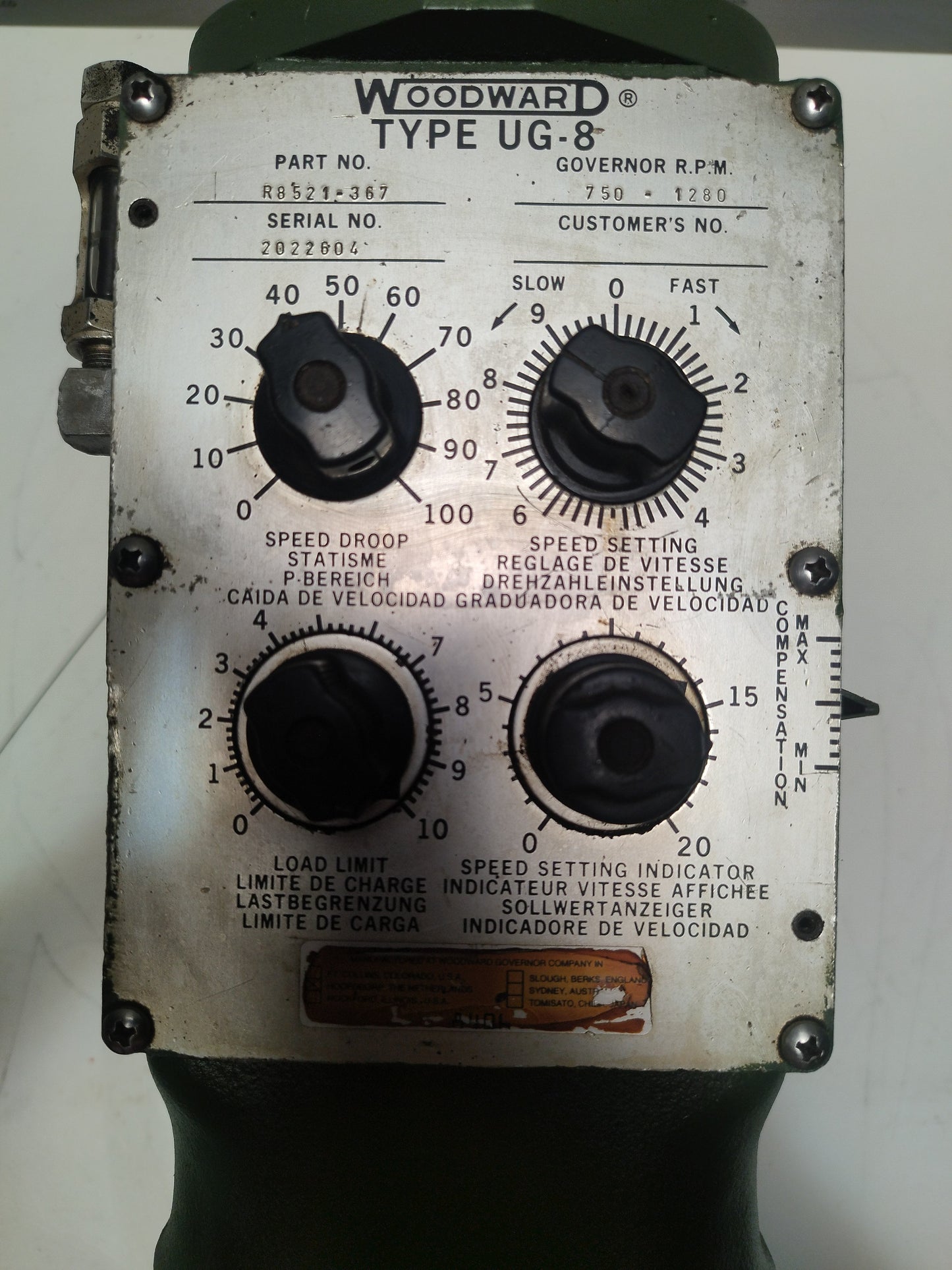 Woodward UG-8 Governor part No. : R8521-367 RPM: 750-1280 - TESTED