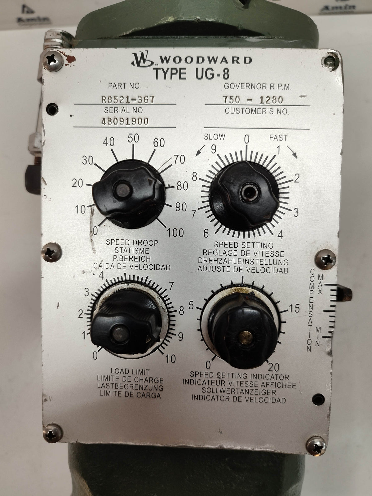 Woodward UG-8 Governor part No. : R 8521-367 RPM: 750-1280 - TESTED