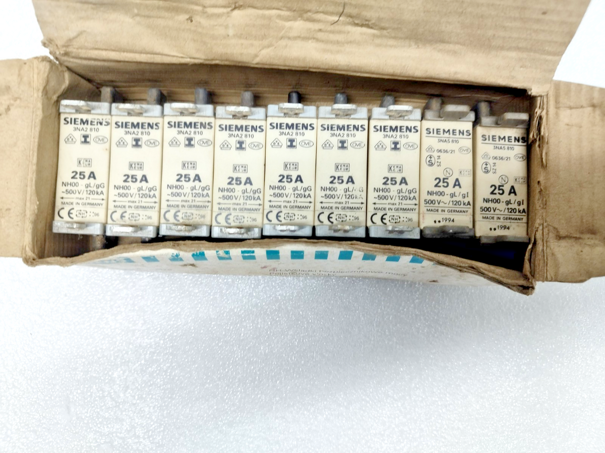 Siemens 3NA2 810 fuse 25A NH00-gL/gG 500V/120kA (Lot of 9pcs) - New