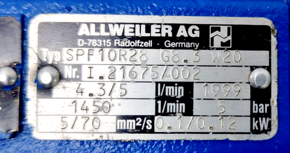 Allweiler SPF10 R28 G8.3 W20 Triple screw pump - Pressure Tested