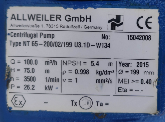 Allweiler NT 65-200/02/199 U3.1D-W134 Centrifugal Pump - NEW