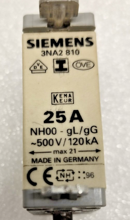 Siemens 3NA2 810 fuse 25A NH00-gL/gG 500V/120kA (Lot of 9pcs) - New
