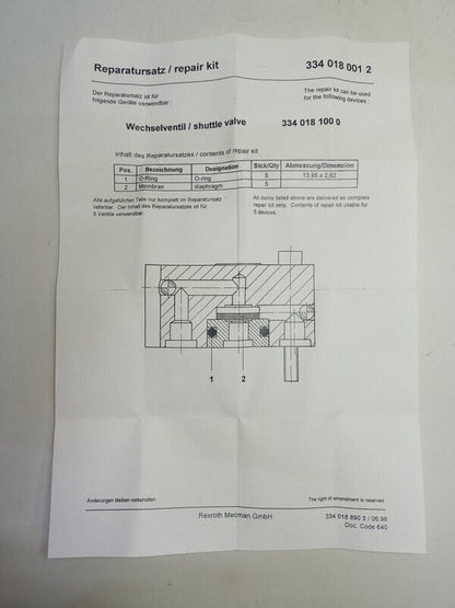 Rexroth 3340180012 Pneumatic Valve Repair kit -NEW