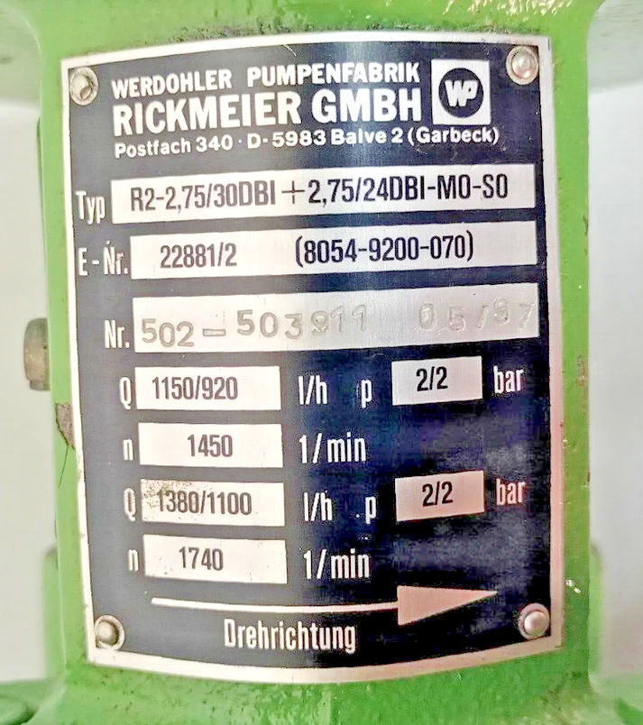 Rickmeier R2-2,75/30DBI+2,75/24DBI-M0-S0 Hydraulic Gear Pump - NEW