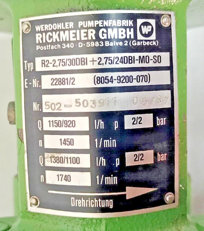 Rickmeier R2-2,75/30DBI+2,75/24DBI-M0-S0 Hydraulic Gear Pump - NEW