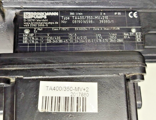 BrinkMann pump TA400/350-MV+210 Immersion Pump Standard Coolant Pump - NEW
