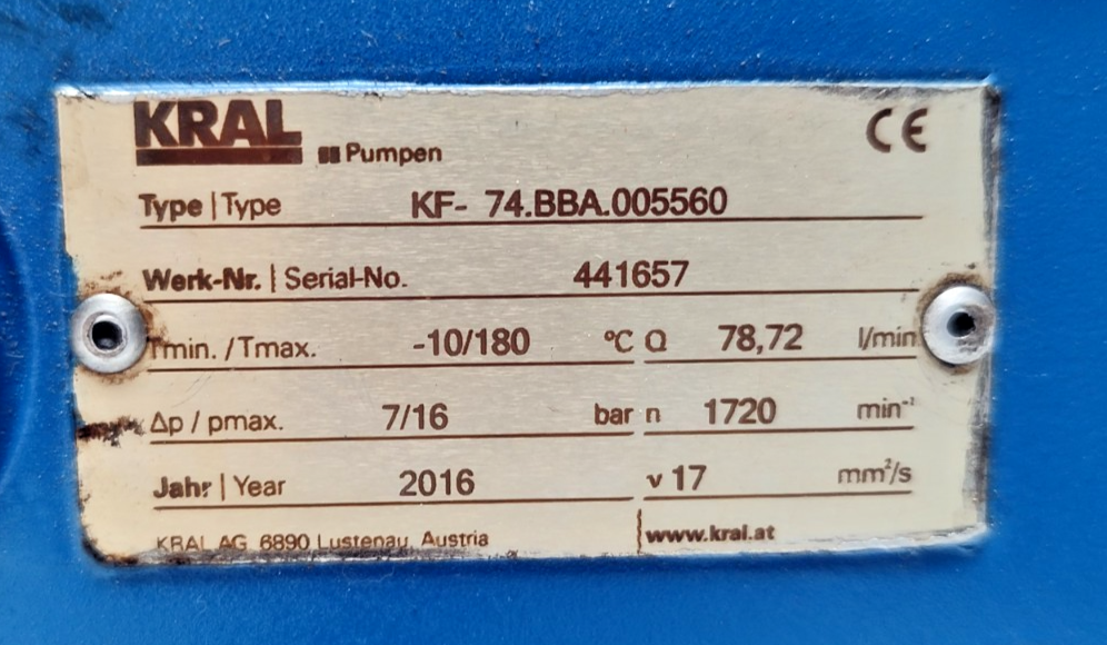 Kral KF-74.BBA Triple Screw Pump Mfg. 2016 - Refurbished and Tested