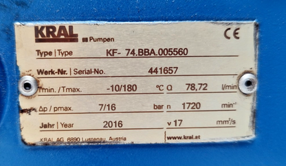 Kral KF-74.BBA Triple Screw Pump Mfg. 2016 - Refurbished and Tested