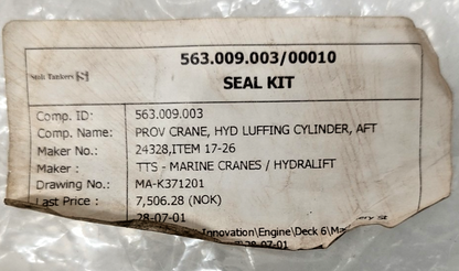 Macgregor P/N: 24328 Seal Kit 180/100 for Hyd. Luffing Cylinder - NEW