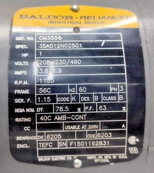 Baldor CM3556 Electric Motor 1HP, 208-230/460V, 1155RPM, 3phase - NEW