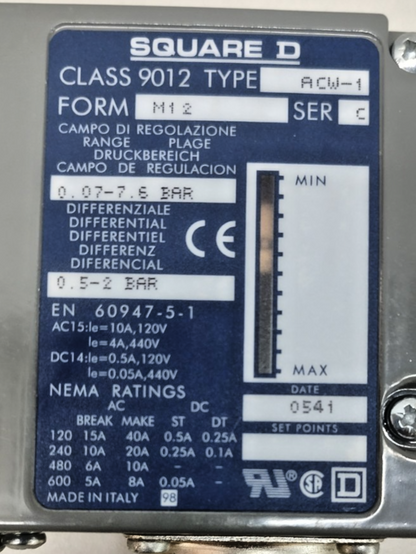 SQUARE D Class: 9012 ACW-1 Form: M12 Ser.: C Pressure Switch - NEW
