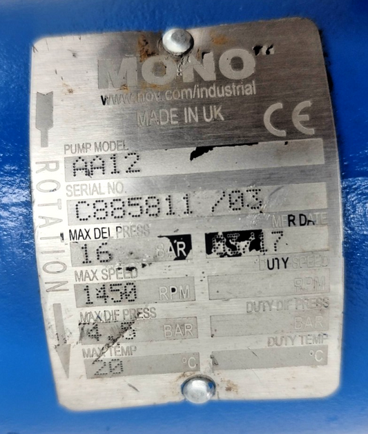 Mono Pump AA12 Single Screw Progressive Cavity Sludge Pump - Refurbished