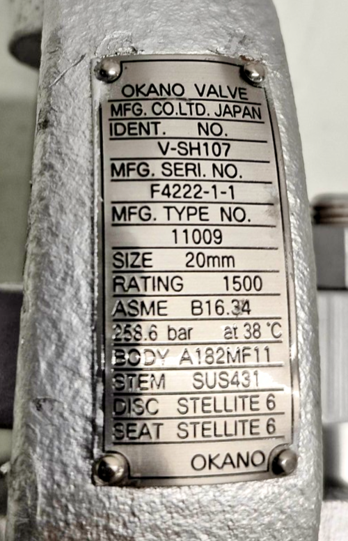 OKANO VALVE V-SH107 Type: 11009 Globe Valve 20mm Class 1500, 258.6 bar - NEW