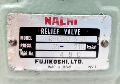 Nachi Fujikoshi R-G10-3-20 Pressure Relief Valve, Range: 35-210 Bar - NEW