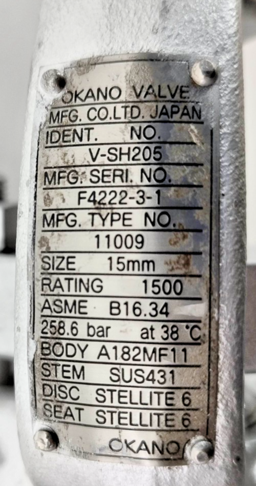 OKANO VALVE V-SH205 Type: 11009 Globe Valve 15mm Class 1500, 258.6 bar - NEW