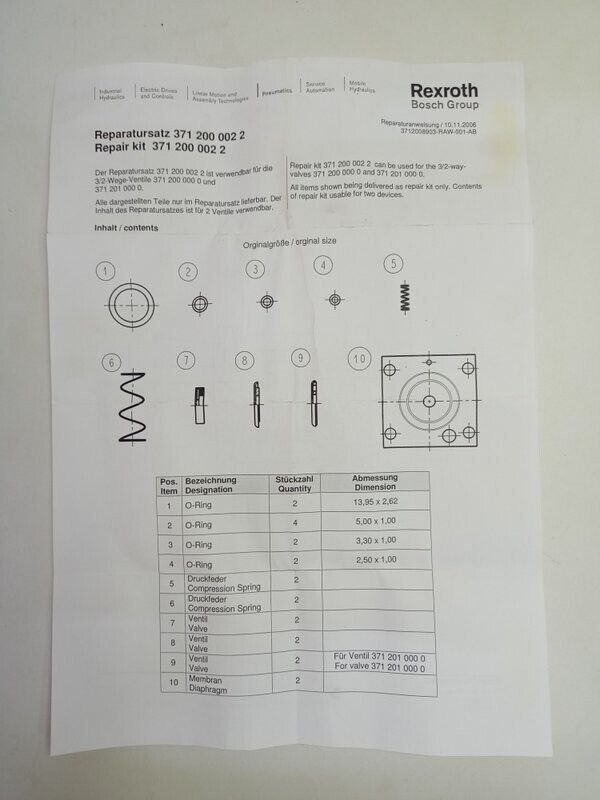 Rexroth 3712000022 Pneumatic Valve Repair kit - NEW