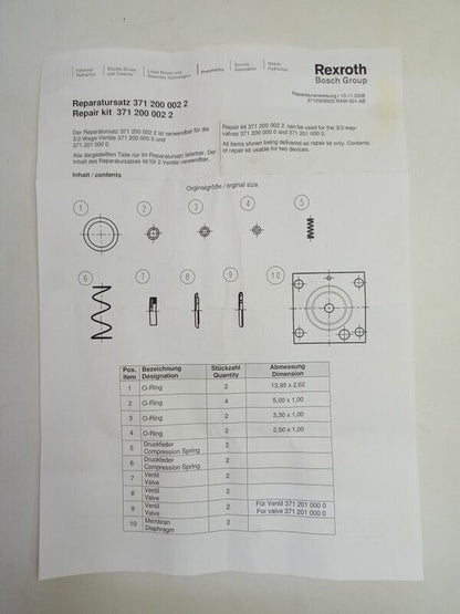 Rexroth 3712000022 Pneumatic Valve Repair kit - NEW