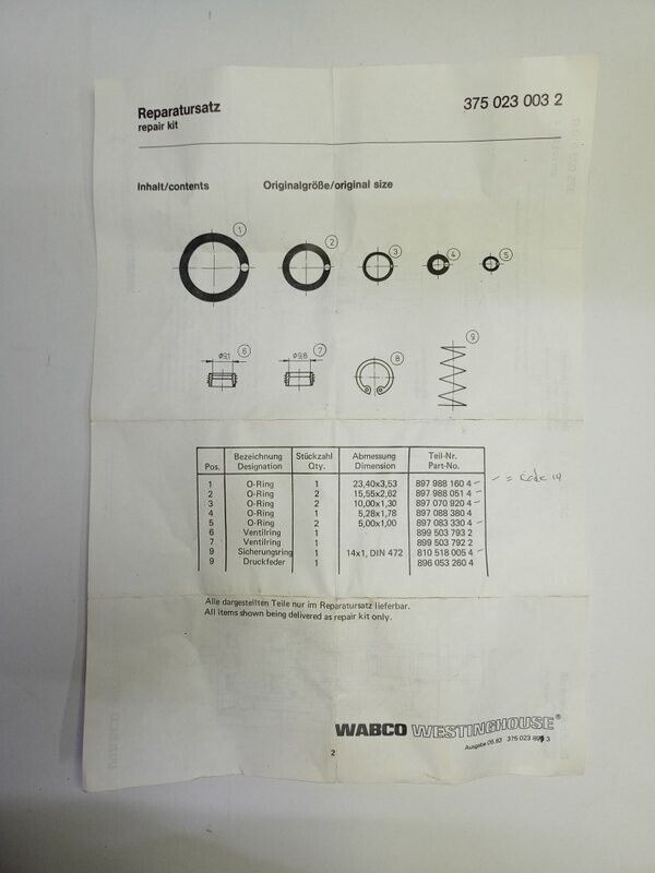 Wabco 3750230032 Pneumatic Valve Repair kit - NEW