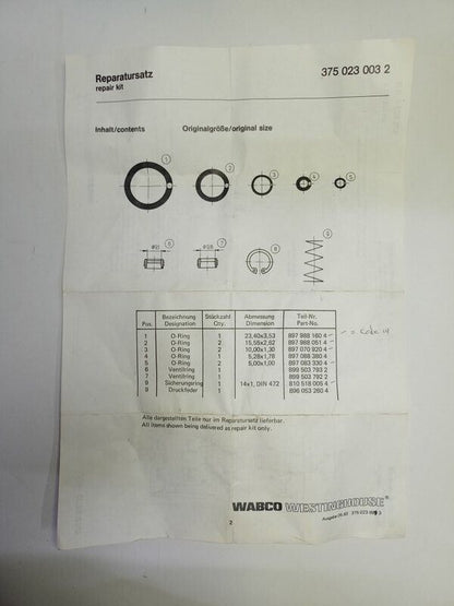 Wabco 3750230032 Pneumatic Valve Repair kit - NEW