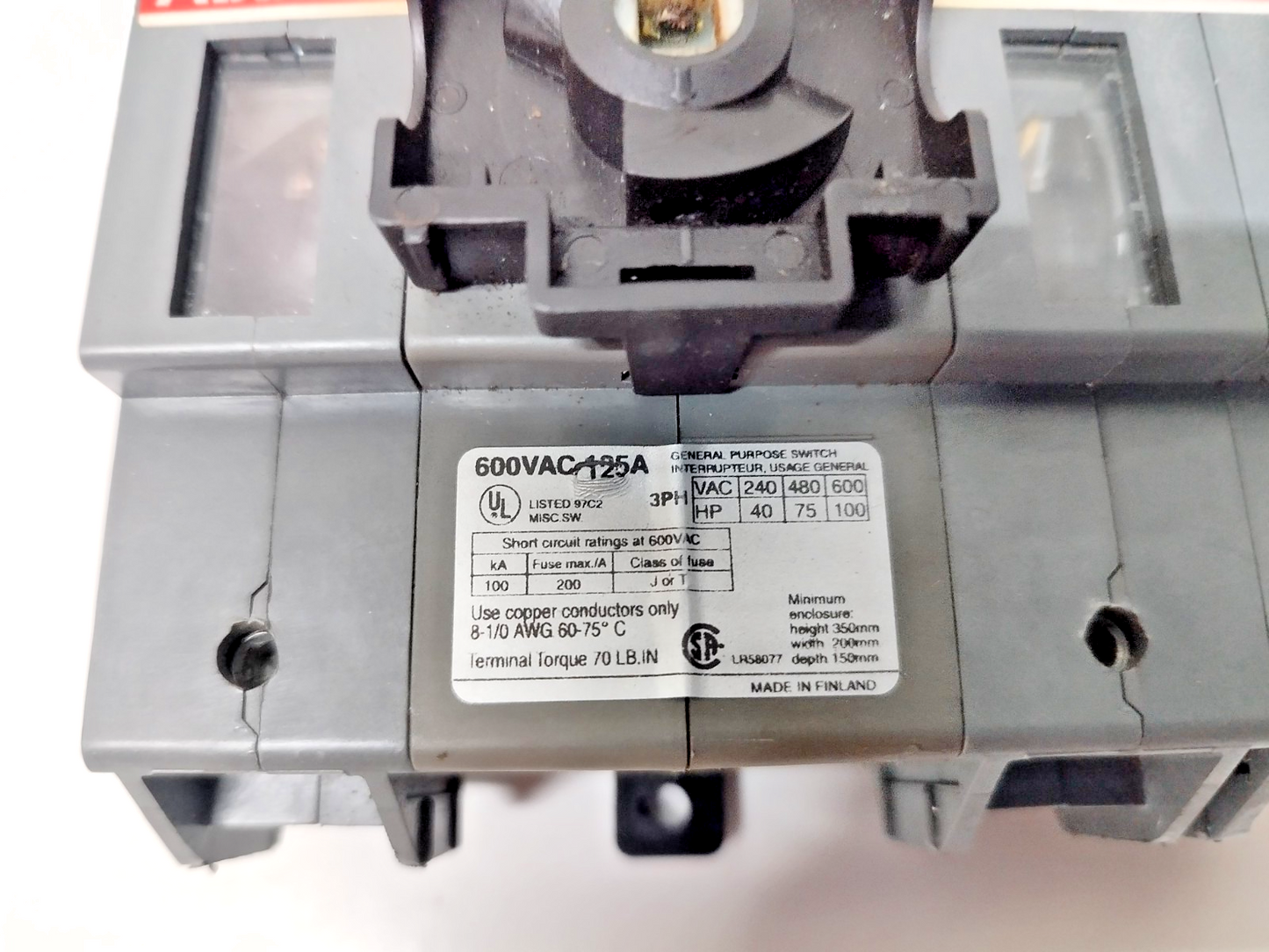 ABB OT160E3 Disconnect Switch Panel Mount 600VAC 125A