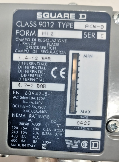SQUARE D Class: 9012 ACW-8 Form: M12 Ser.: C Pressure Switch - NEW