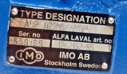 IMO ACP 025N6 NVBP Triple Screw Pump Alfa-laval 1762162-65- Refurbished & Tested