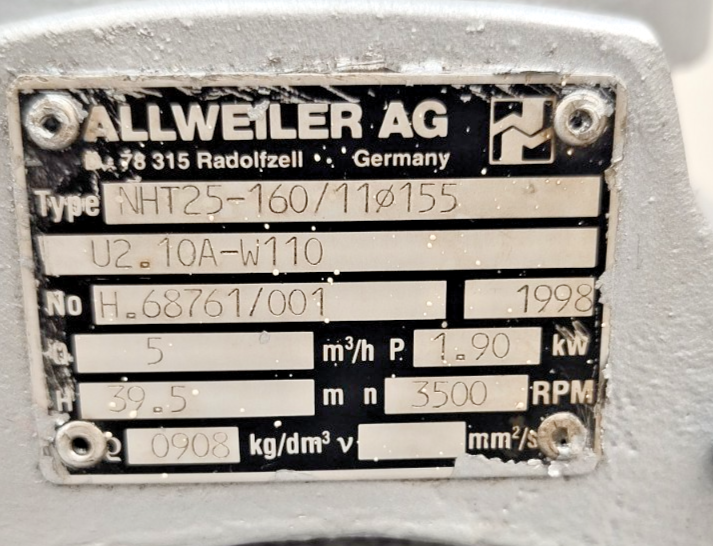 Allweiler NHT 25-160/11 ⌀155 U2.10A-W110 Centrifugal pump for Hot Water