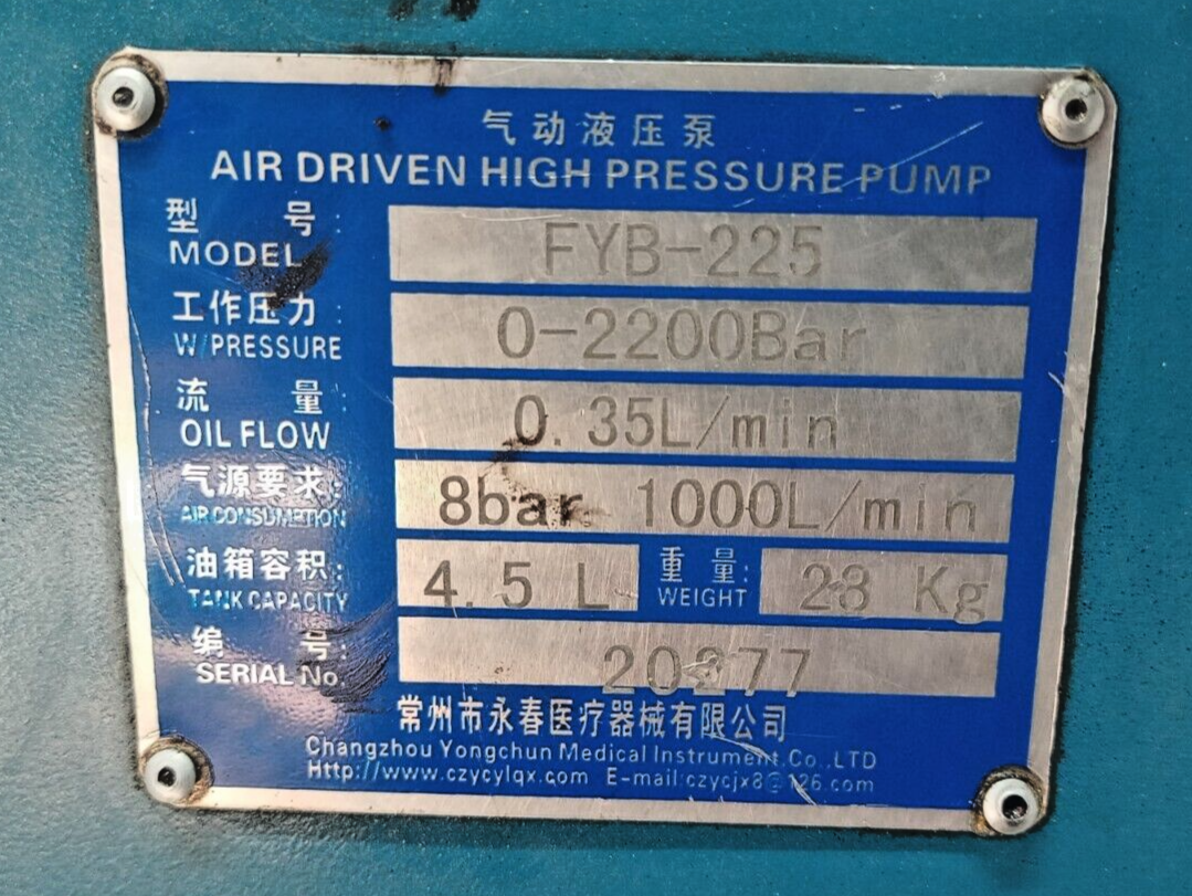 Changzhou FYB-225 Air Driven High pressure pump 225 MPa - TESTED