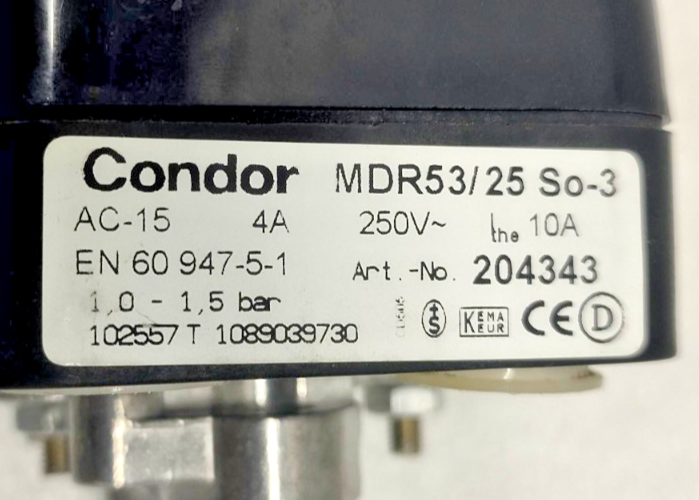 Condor MDR53/25 So-3 Pressure Switch AC-15, 4A, 250V, 1-1.5bar - NEW