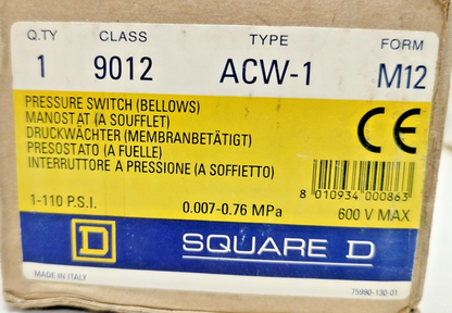 SQUARE D Class: 9012 ACW-1 Form: M12 Ser.: C Pressure Switch - NEW