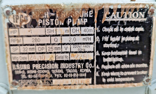 IPCO High Pressure Piston pump HP-1, capacity: 2 m3/h - Pressure Tetsted