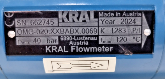 KRAL OMG-020.XXBABX.0069 Flowmeter 40bar Mfg. 2024 - NEW