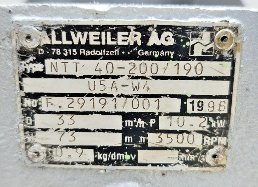 Allweiler NTT 40-200/190 U5A-W4 Centrifugal pump for Thermal oil & Fluid -Tested