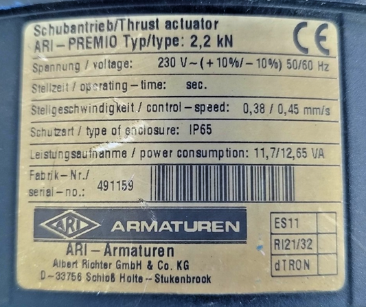 Ari-armaturen ARI-PREMIO 2,2 kN Electric Thrust Actuator DN25 PN16 Valve - NEW