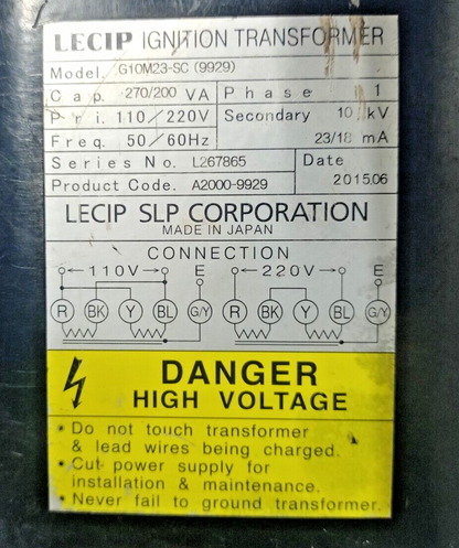 LECIP G10M23-SC Ignition Transformer Cap.270/200VA, 110/220V, 50/60Hz, 10kv NEW