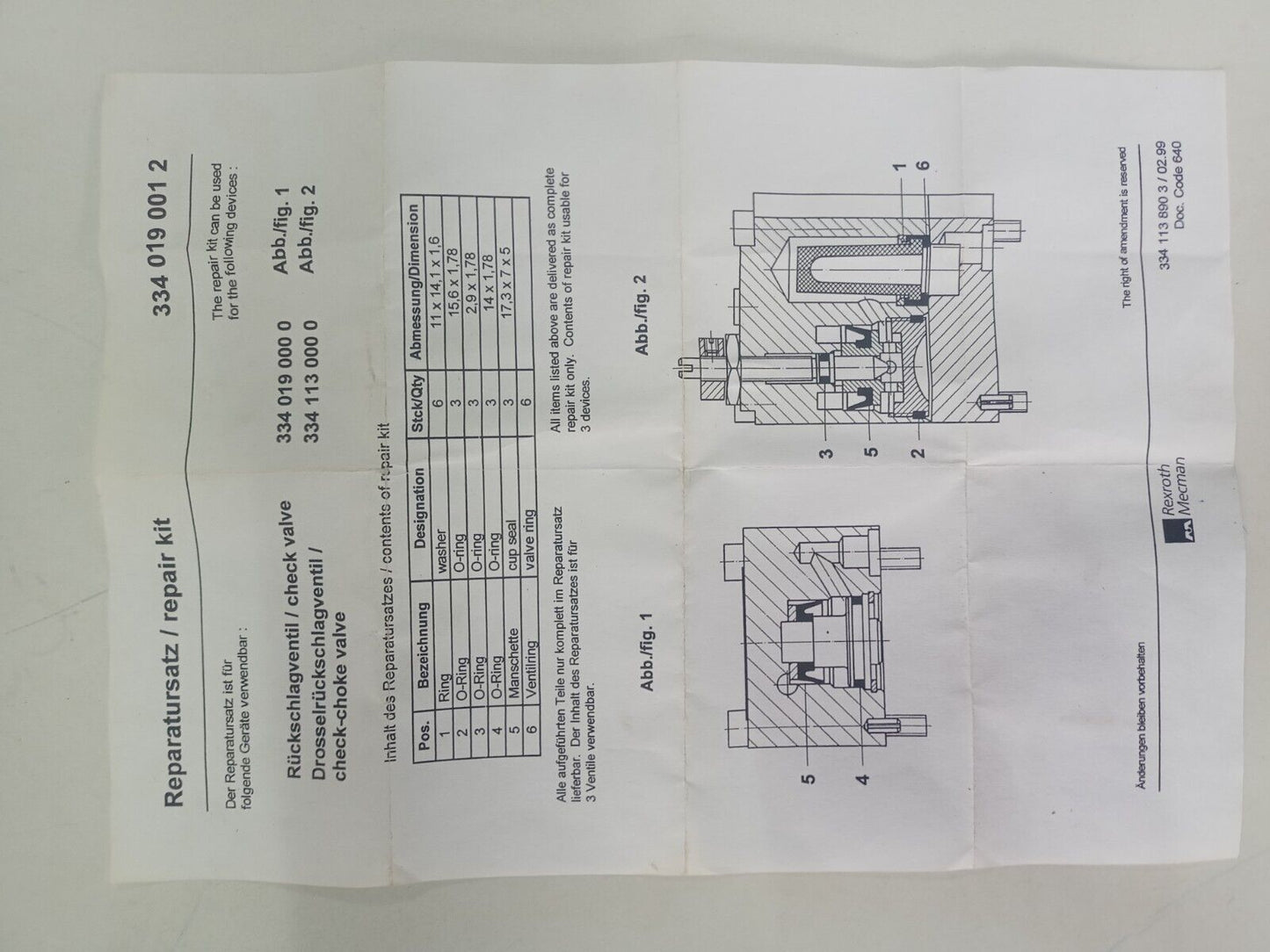 Rexroth 3340190012 Pneumatic Valve Repair kit -NEW