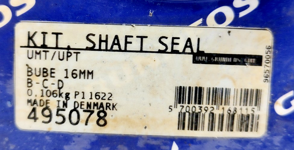 Grundfos 495078 Kit Shaft Seal UMT/UPT BUBE 16mm - NEW