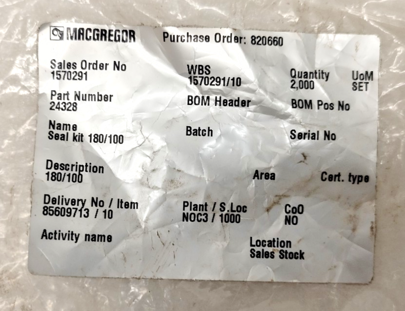 Macgregor P/N: 24328 Seal Kit 180/100 for Hyd. Luffing Cylinder - NEW