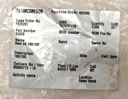 Macgregor P/N: 24328 Seal Kit 180/100 for Hyd. Luffing Cylinder - NEW