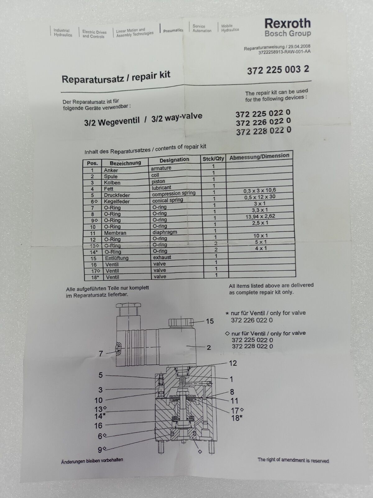 Rexroth 3722250032 Pneumatic Valve Repair kit - NEW