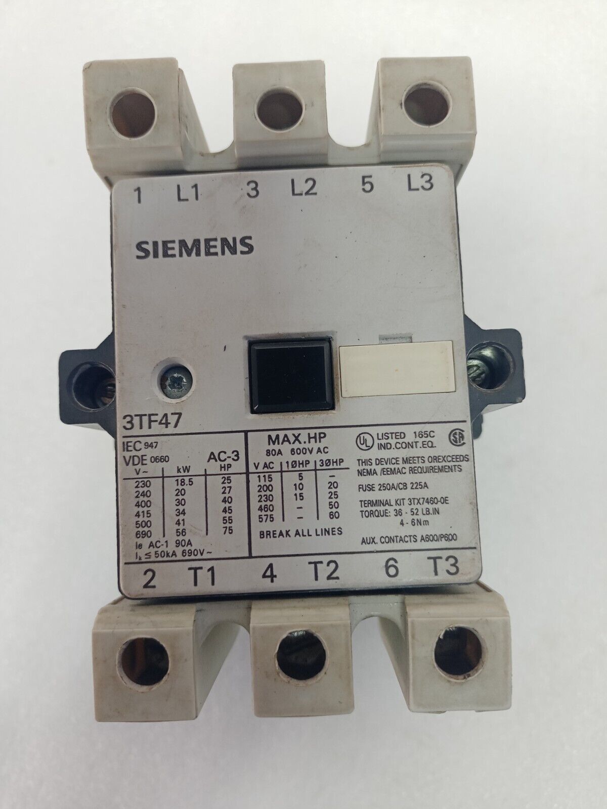 Siemens 3TF47 22-0AL2 Contactor 80A 600V AC