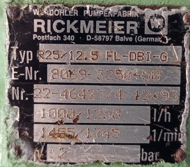 Rickmeier R25/12.5 FL-DBI-G Hydraulic gear pump - Pressure Tested