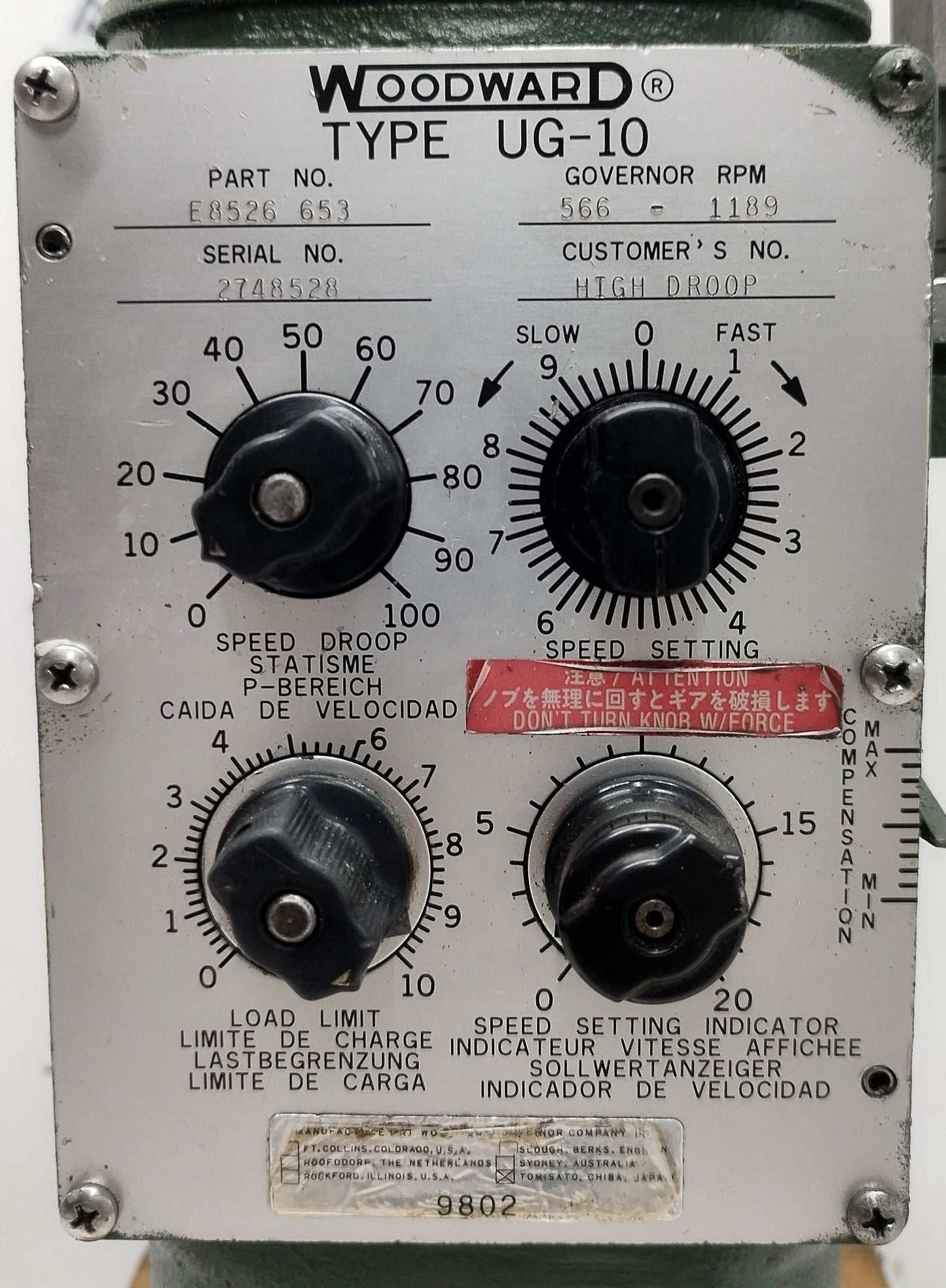 Woodward Governor UG-10 P/N: E8526-653 RPM: 566-1189