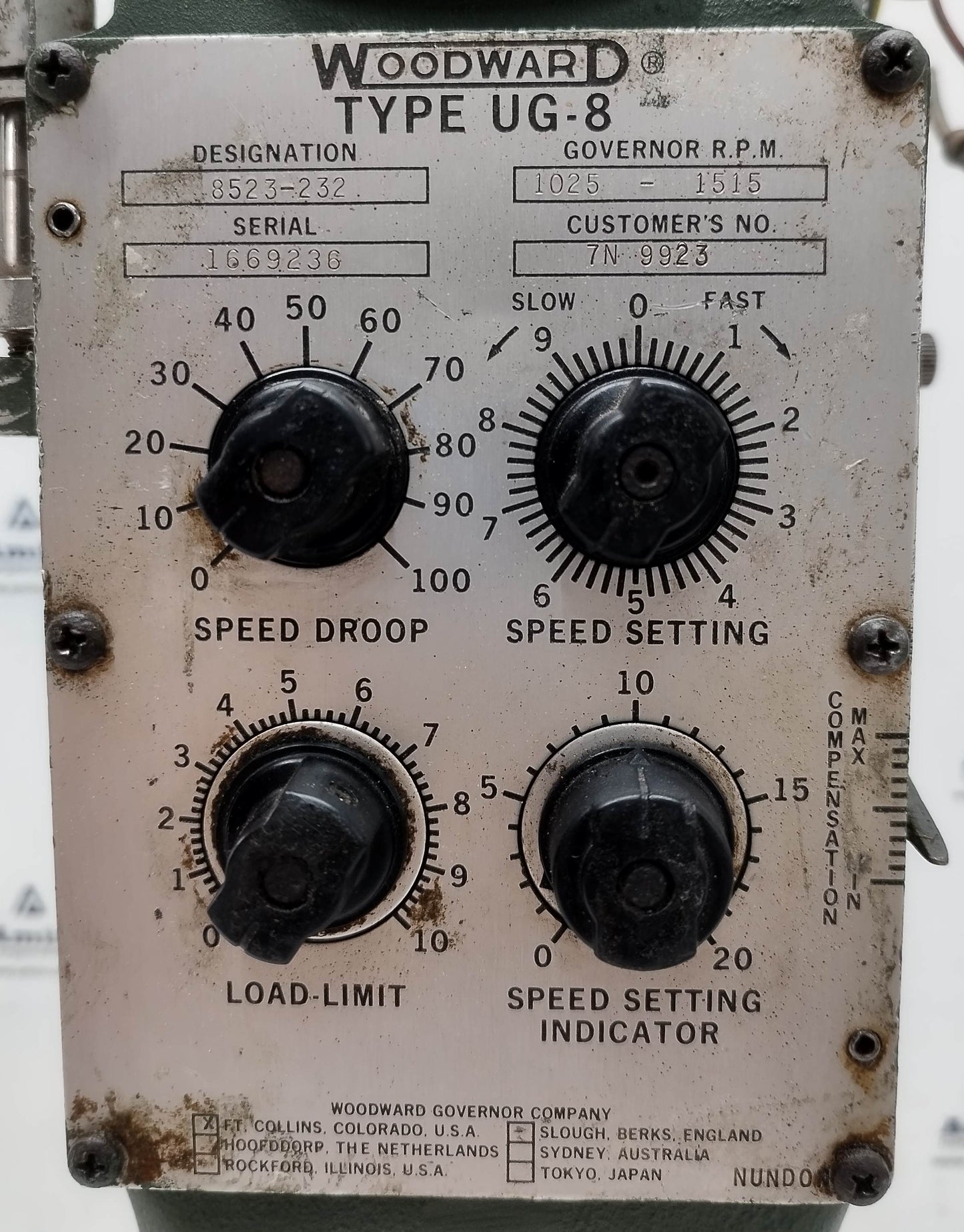 Woodward UG-8 Governor part No. : 8523-232 RPM: 1025-1515 - TESTED