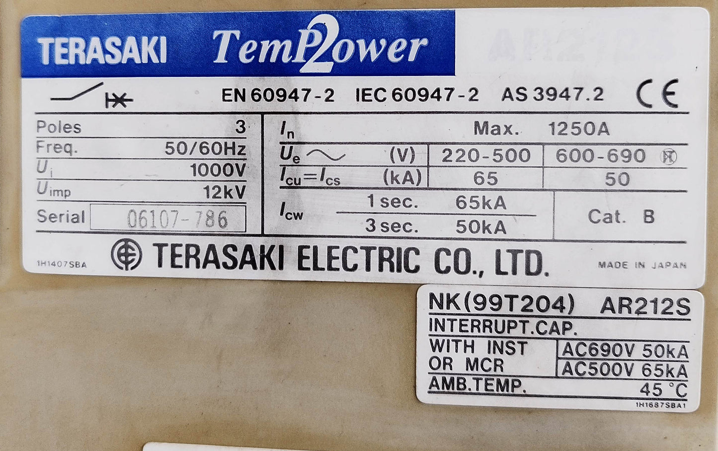 Terasaki AR212S Air Circuit Breaker 1250A