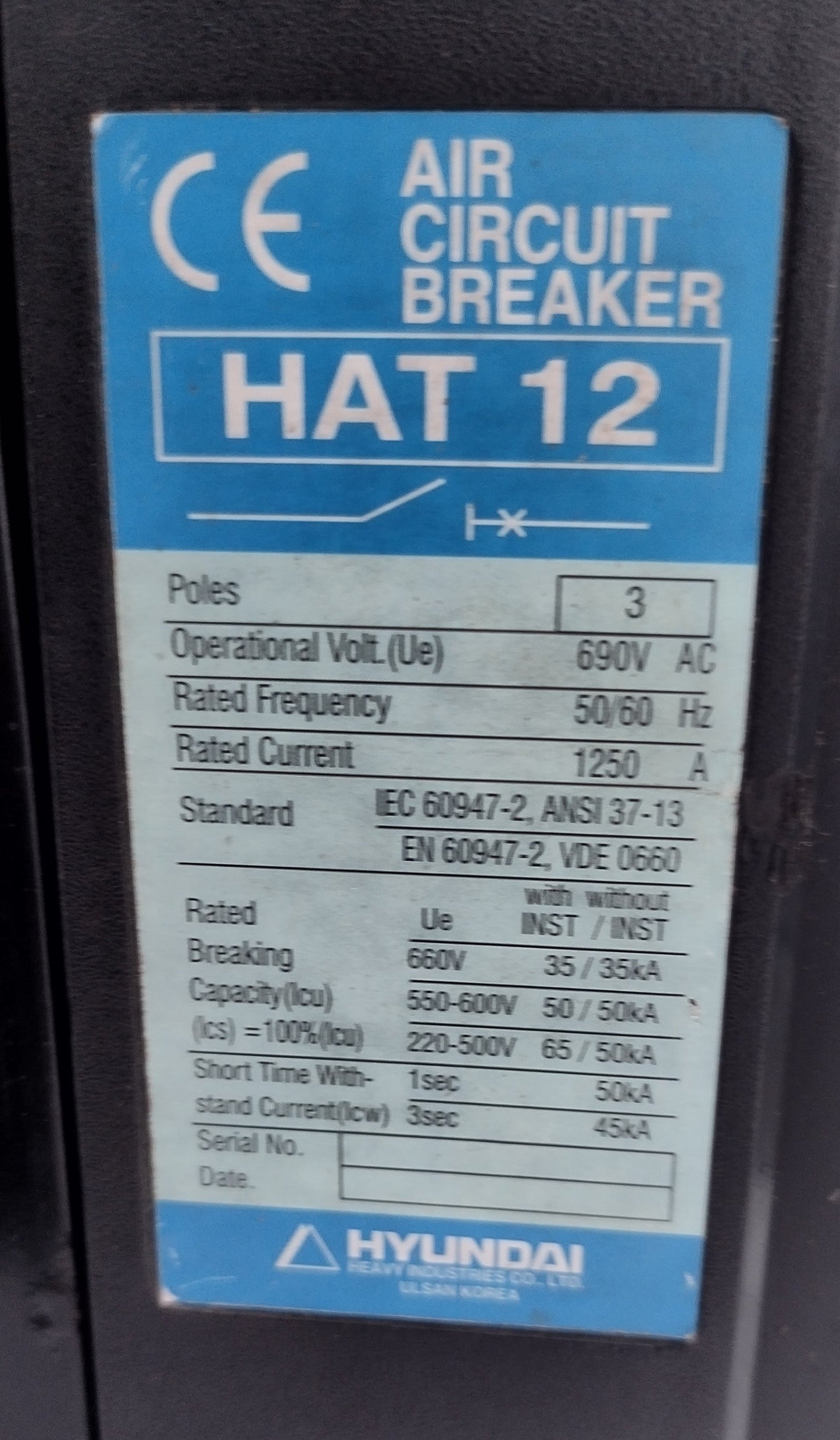 Hyundai HAT 12 Air Circuit Breaker - Tested